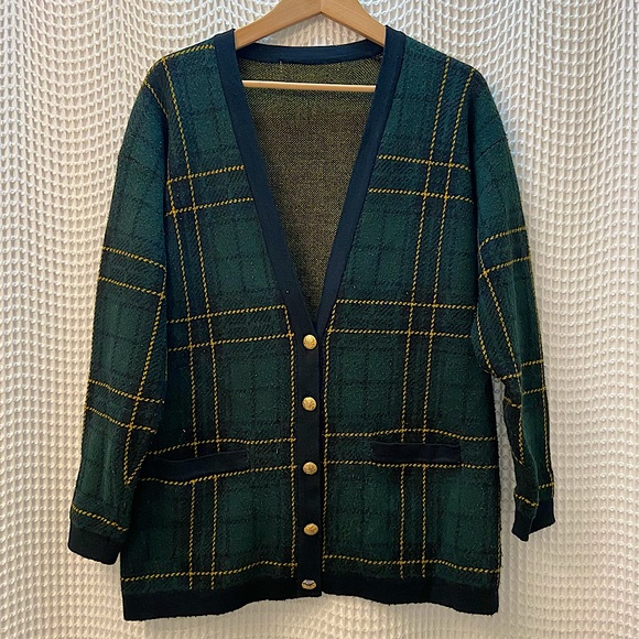 Ralph Lauren Sweaters | Ralph Lauren Vtg Wool Green Tartan Plaid Cardigan with Rare Coat of Arms Buttons | Color: Blue/Green | Size: L | Gentsgear's